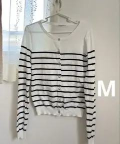カーディガン　ボーダー　ホワイト　ブラック　M