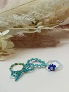 青系リボン❇︎お花　ハンドメイド　ビーズリング
