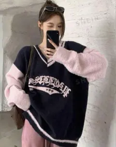 SHEIN DAZY ニット Vネック ボア袖 配色 y2k 韓国オーバーサイズ