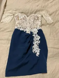 ネイビーオフショルダーレースドレス