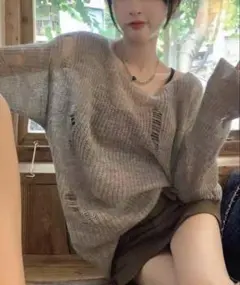 グレー ダメージニット 長袖 Fサイズ