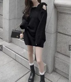 ワンショルダーベロアリボンニットミニワンピース