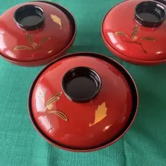 赤い木製汁椀 3個セット 金色の花模様