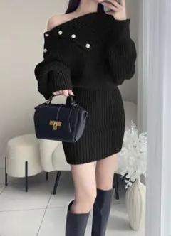 GRL パールボタンオフショルニットワンピース