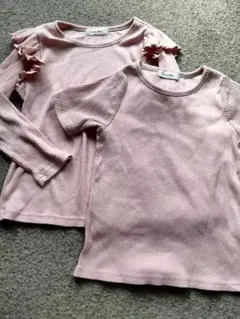ピンクリブ編み長袖半袖トップス 110