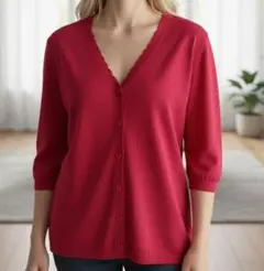 エフデ カーディガン M相当 ピンク Vネック 7分袖 ボタン欠品 シミあり