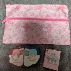 リトルツインスターズ キキララ　マイメロディポーチ　メモ帳　ミラーセット　ピンク