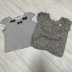 familiar リバティ ミモザ花柄＆リボン付きストライプTシャツ 2点セット