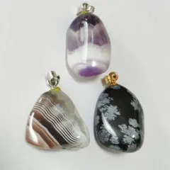 天然石ペンダント トップ3個セット　瑪瑙、アメジスト、黒曜石