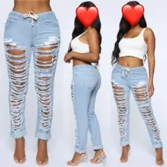 ◆FASHION NOVA◆リップド ダメージ デニム ジョガーパンツ★S