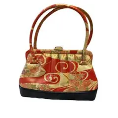 和装用レザー(本革)バッグ 赤と金の花柄