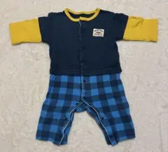 ロンパース・カバーオール ネイビー・イエロー・チェック柄