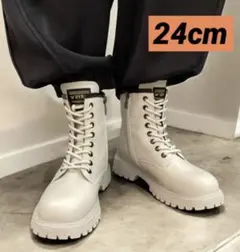 ショート ブーツ 厚底 24cm アイボリー 編み上げ サイドZIP