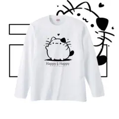 人気❤️ロングスリーブ Tシャツ ハッピー かわいい 猫Tシャツ ホワイトMサイズ