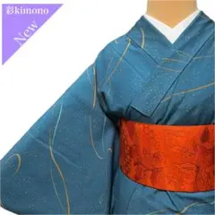 《7K98》洗える着物 小紋 袷 青緑 オレンジ 化繊 対象身長～174cm