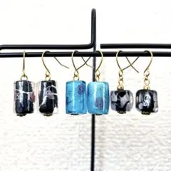 和風ガラスビーズ　ピアス　３点　セット　ブルー　ブラック　ハンドメイド