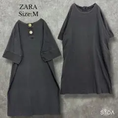 ザラ ZARA【M】半袖Tシャツワンピース 後ろボタン 綿100％ チャコール