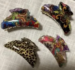 カラフル　ヒョウ柄　花柄　サイケ柄　ヘアクリップ　バレッタ　4個セット