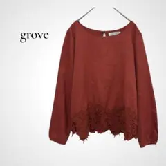 grove 花柄刺繍レース 長袖ブラウス M きれいめ 上品 ヘリンボーン調織柄