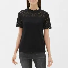 レースフリルネック Tシャツ GU ブラック