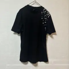 シーインSHEIN ブラック パール装飾 Tシャツ 【XL】