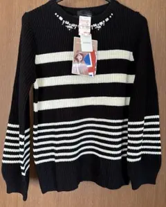 新品‼︎人気‼︎しまむら‼︎　 ボーダー　ニット　セーター　白黒　ビジュー　Lサイズ