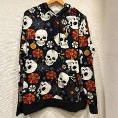 リルディ パーカー フード リブ 袖 裾 スカル 花 総柄 L-XL 黒