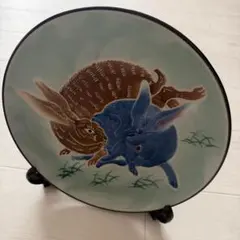 【未使用・皿立付】有田焼/青藍窯/飾皿うさぎ卯/兎 青磁 干支 大皿 伝統工芸