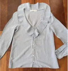 ZARA ブラウス 美品 フリル付き青と白のストライプシャツ