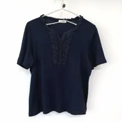 SCAPA ネイビー　半袖カットソー　紺　フリルのサムネイル