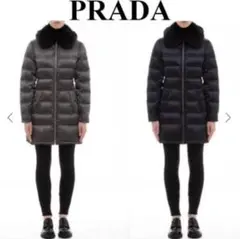 値下げ【美品】プラダ ダウンジャケット ロゴプレート ファー フード付き グレー