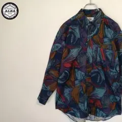 デザインシャツ　アートデザイン　総柄　レトロ　ヴィンテージ　青　紫　長袖　M