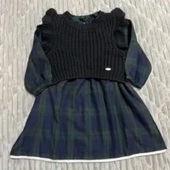プティマイン　長袖チェックワンピース　ニットフリルベスト　セット　100cm