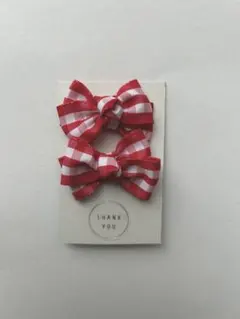 赤と白のチェック柄リボンヘアゴム2個セット