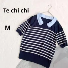 テチチ ▶ 半袖ニット M 紺 白 ボーダー 5分袖 綿100% パールビジュー