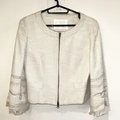 白　ジャケット　ノーカラーツイードジャケット