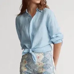 【美品】ポロラルフローレン リネンシャツ ポニー刺繍 水色 現行タグ