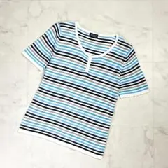 美品 ソニアリキエル マルチボーダーヘンリーネックTシャツ 水色40*LD255のサムネイル
