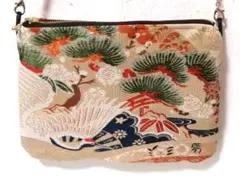 扇 鶴 花柄 着物袋帯 和風 ミニショルダーバッグポーチ リメイクアンティーク
