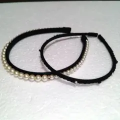 パール装飾 ブラックカチューシャ 2点セット