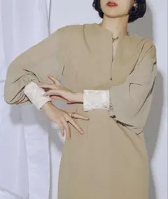 Ezick Jacquard cuffsタックカーブドレス パーティドレス