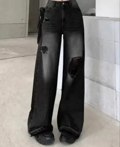 ワイド　ダメージジーンズ　ブラック