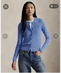 polo ケーブルニットコットンクルーネックカーディガン