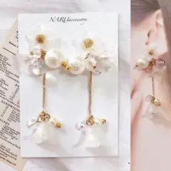 【92】ランダムすりガラス風フラワー　パール　ハンドメイド　ピアス　イヤリング