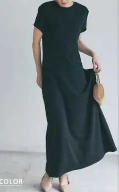 【ベースメントオンライン・タグ付き】滑らか半袖マキシワンピースブラック TALL