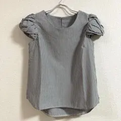 グレー系 ストライプ柄 パフスリーブ ブラウス レディース M