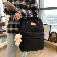 リュック ポケット付き バックパック 韓国 ブラック キーホルダー 通学 通勤