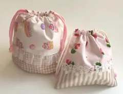 コップ袋 巾着袋2点セット 女の子 スイーツ いちご レースピンク 入園入学準備