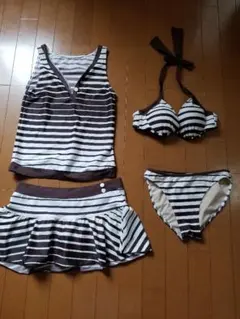 ビキニレディース水着タンキニ4点セットボーダーホワイトブラウンワイヤーホルダー