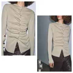 ZARAドレープニットカーディガンL サンド長袖カーデ 袖丈長め可愛いシルエット